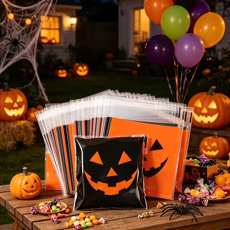 Food Halloween Snacks - 50/100 шт. Хэллоуинские черно-оранжевые пакеты для