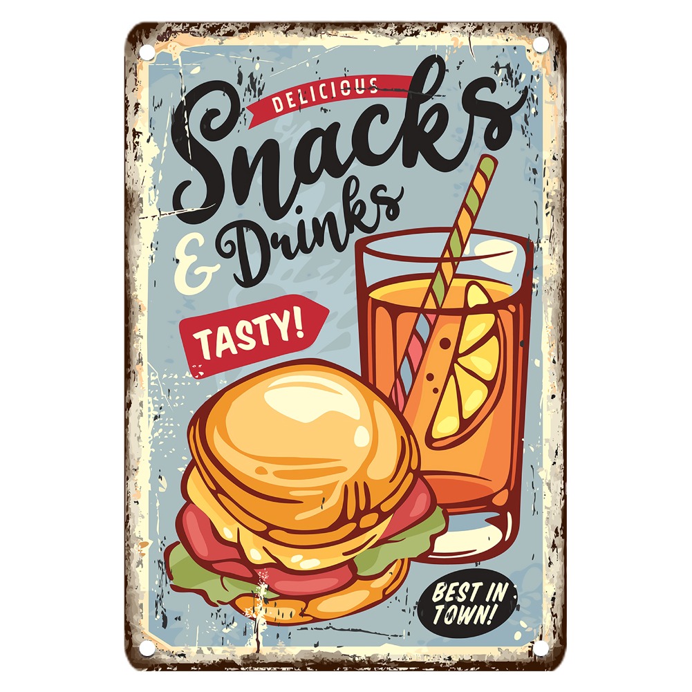 Food Snacks Drinks - Винтажная металлическая вывеска с едой, железный